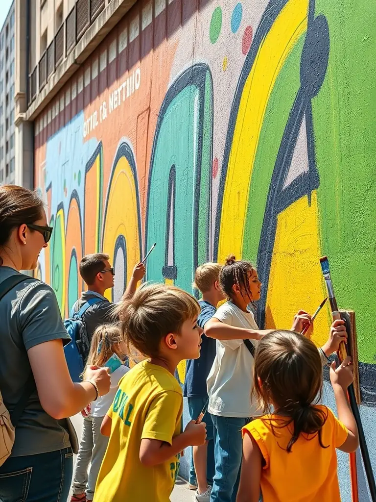 A photo of young participants actively involved in an urban mural project, demonstrating GOD'ART CREATION's commitment to youth engagement and community beautification.