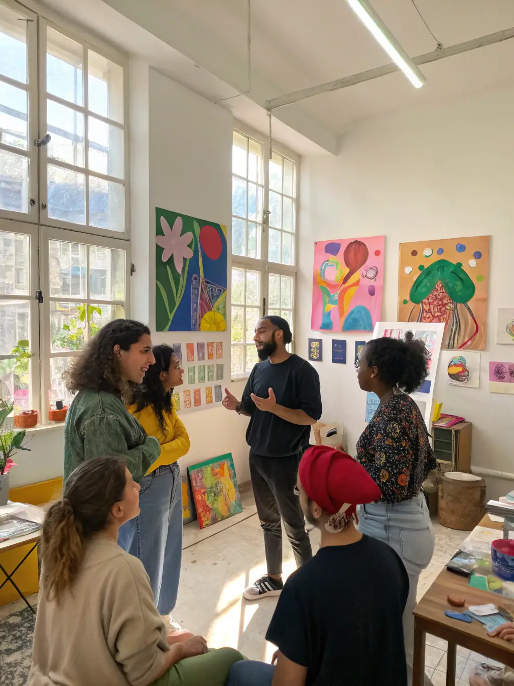 A vibrant image depicting artists collaborating on a large canvas during a community art workshop, showcasing the collaborative spirit of GOD'ART CREATION's programs.