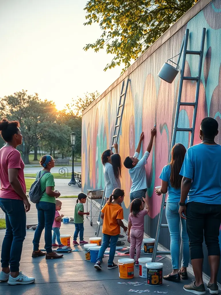 A picture of a community mural project organized by GOD'ART CREATION, highlighting the organization's efforts to beautify public spaces and involve the community in art.