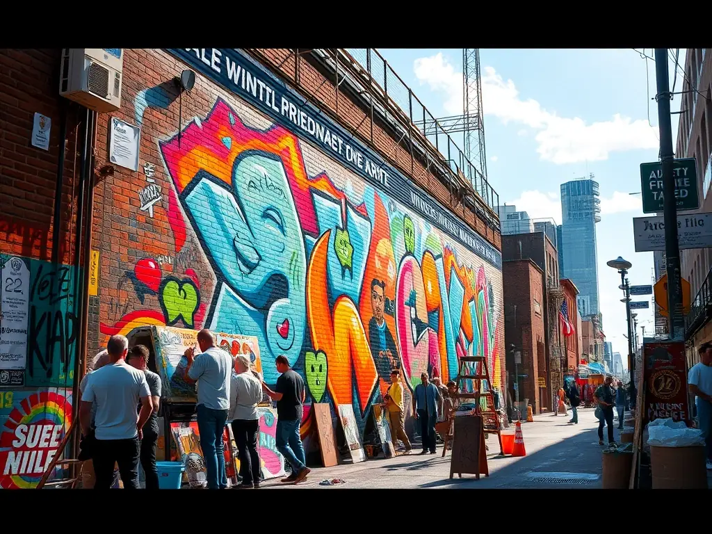 A dynamic image of a community mural project led by GOD'ART CREATION, illustrating the organization's commitment to public art and community beautification.