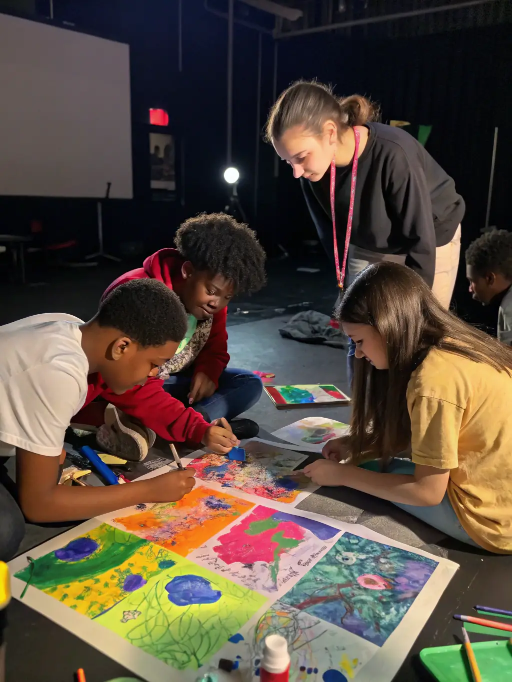 A diverse group of artists collaborating on a large canvas, showcasing the collaborative spirit of GOD'ART CREATION's programs.