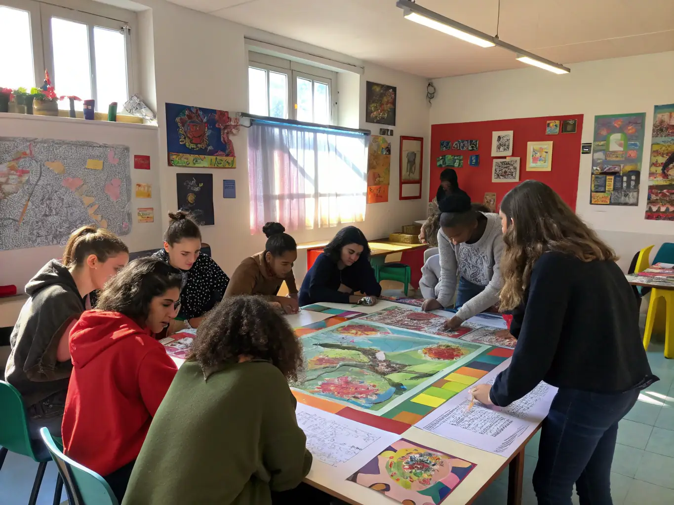 A vibrant image showcasing participants engaged in a collaborative art project during one of GOD'ART CREATION's workshops, emphasizing teamwork and creative expression.