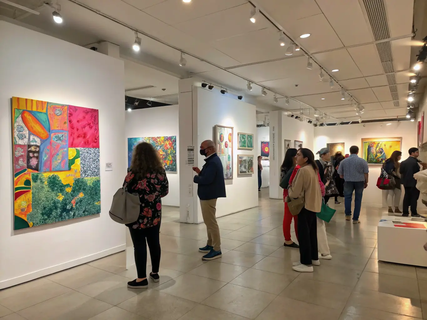 A photograph capturing the energy and excitement of an art exhibition hosted by GOD'ART CREATION, featuring diverse artworks and engaged attendees.