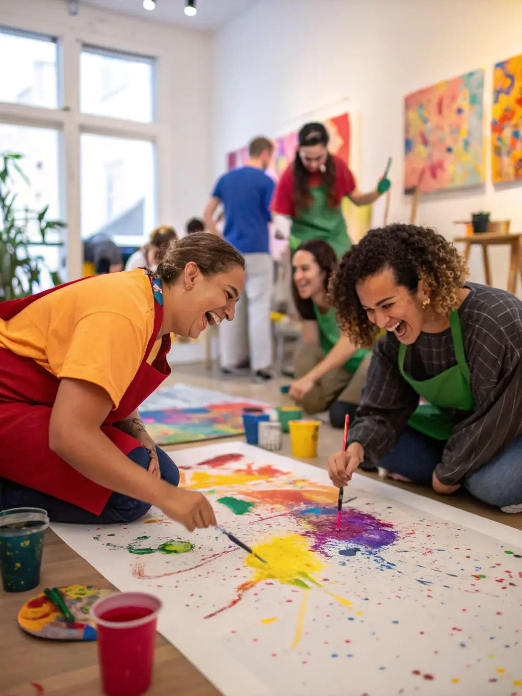 A vibrant image of artists collaborating on a large canvas during a GOD'ART CREATION workshop, showcasing teamwork and creative energy.
