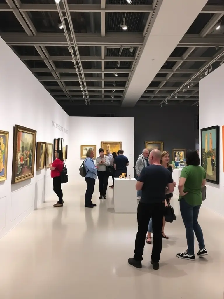 A photograph capturing the opening night of a GOD'ART CREATION art exhibition, featuring artists and attendees admiring the displayed artwork.