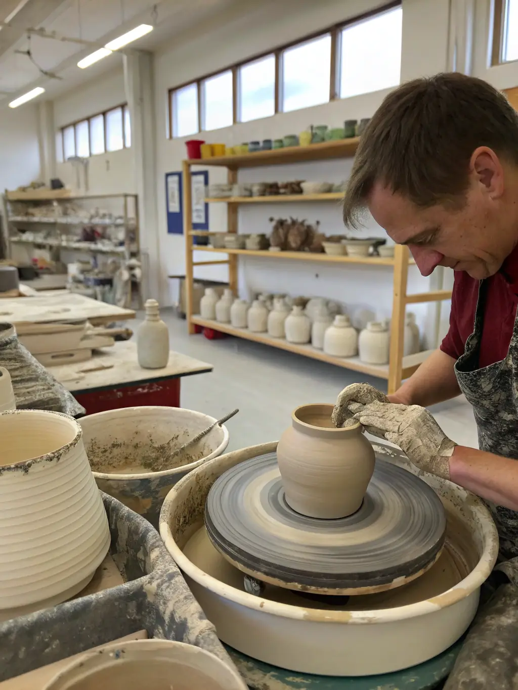 A vibrant photograph capturing participants deeply engaged in a pottery workshop at GOD'ART CREATION, showcasing the hands-on learning experience and the joy of creating art.