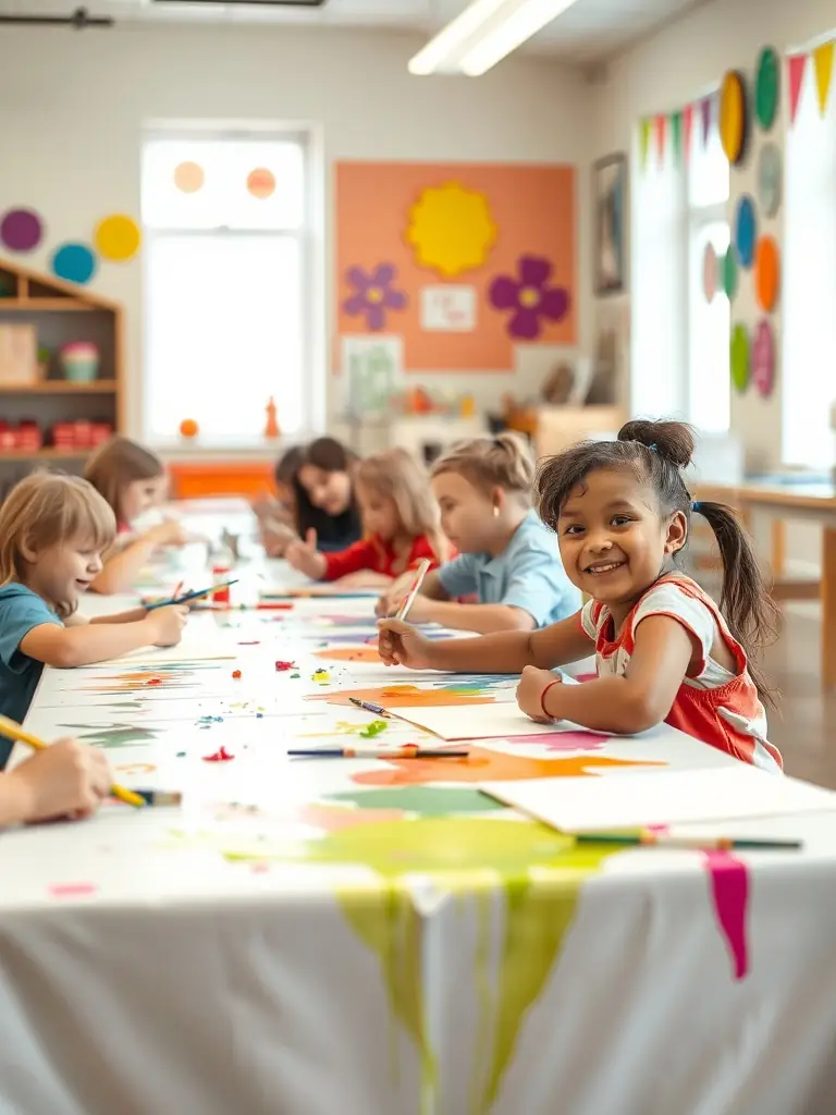A photograph of children participating in a colorful painting session during a GOD'ART CREATION youth art program, emphasizing the fun and educational aspects of art for young people.